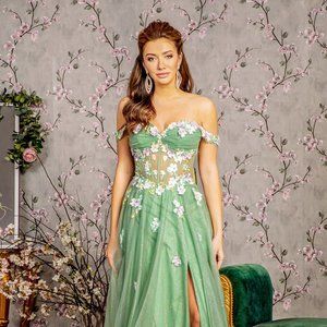 NEW LONG A-LINE SLEEVELESS OFF SHOULDER FLORAL DRESS WITH LACE UP BACK GL3227